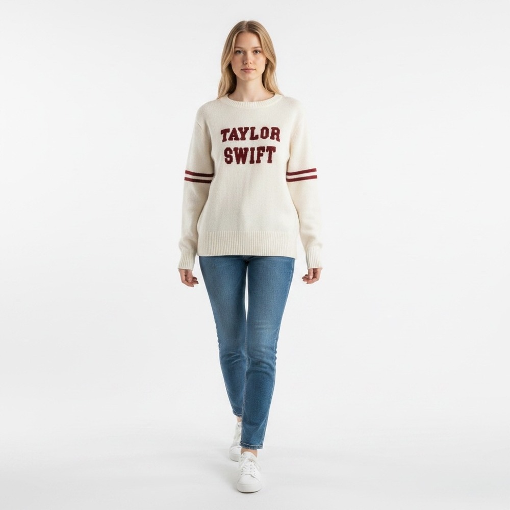 Taylor Swift Red Eras Cream Varsity Knit Sweater Maroon Stripes Chenille Medium